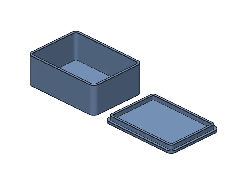 Isometric view of an electronics enclosure: a rounded open box and, beside it, a lid with an inner lip