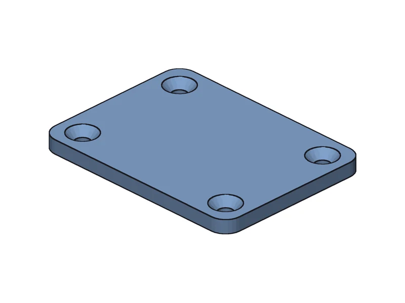 Isometric view of a mounting plate: a thin rounded rectangle with a countersunk hole in each corner