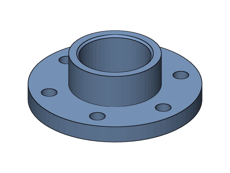 Isometric view of a pipe flange: a disc with six bolt holes around a hub with a bore