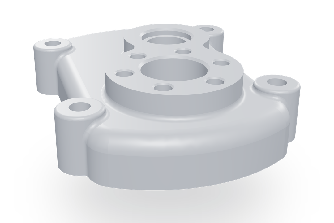 Motor flange cover plate modelled by Forgent3D — bolt circle, central bore, and mounting lugs